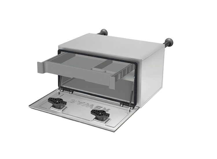 Cajón Bawer metálico de alum. e=1.5 mm de 1000 mm con tapa de ac. Inox. e=1 mm con cajonera y resorte